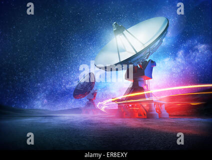 Astronomy deep space radio telescope arrays at night pointing into space. The milky way sets the background. Illustration.