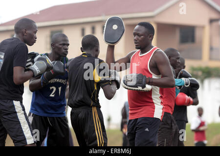 Kampala, Uganda. 29th May, 2015. Uganda national boxers work out in camp in preparation for international engagements. UBF has summoned 80 boxers for trials in preparation for the Africa Boxing Championship, the All Africa Games and the Rio 2016 Olympic Games. Stock Photo