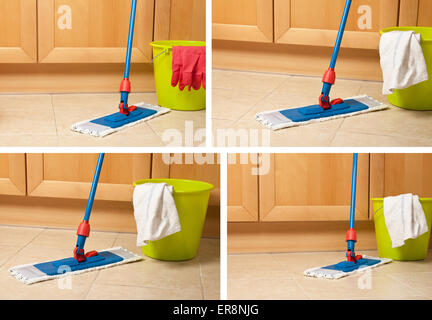 Set of house items for cleaning, bucket, mop, gloves near kitchen furniture on floor Stock Photo