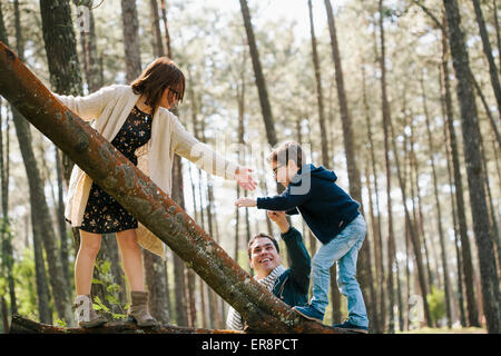 Happy parents assisting son in climbing tree at forest Stock Photo