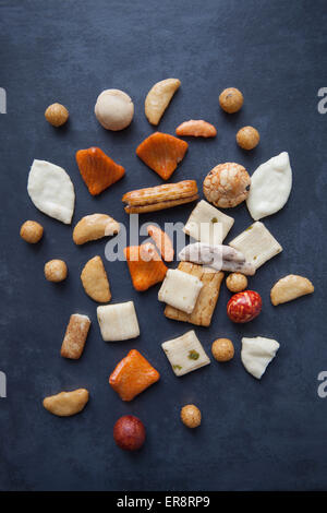 High angle view of Japanese rice crackers on table Stock Photo