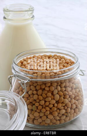 Delicious fresh soy milk, on beautiful carrara marble Stock Photo
