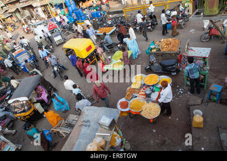 View looking down on a busy road and market in Bijapur Stock Photo