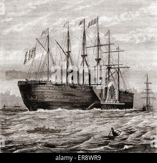 SS Great Eastern.  Iron sailing steam ship designed by Isambard Kingdom Brunel.  Later converted to a cable-laying ship and laying the first lasting transatlantic telegraph cable in 1866. Stock Photo