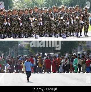 Kathmandu, Nepal. 29th May, 2015. Combo photos show army personnel marching a parade during celebrations of Nepal's Republic Day on May 29, 2013 (top) and earthquake victims queue up to get meal at a temporary settlement at Tundikhel in Kathmandu, capital of Nepal, on May 29, 2015. Mourning more than 8,600 deceased people in the earthquakes, there were no celebrations on Nepal's Republic Day this year. © Sunil Sharma/Xinhua/Alamy Live News Stock Photo