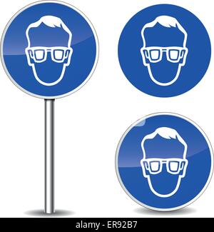 Vector illustration of safety glasses blue sign icons Stock Vector