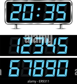 Digital display font. Alarm clock letters and numbers, electronic