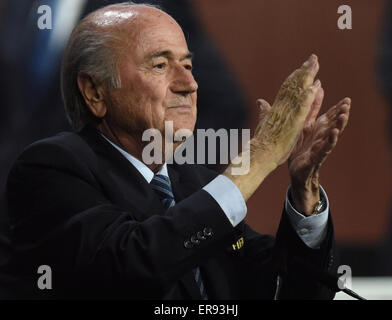 Zurich, Switzerland. 29th May, 2015. FIFA President Joseph Blatter gestures during the 65th FIFA Congress with the president's election at the Hallenstadion in Zurich, Switzerland, 29 May 2015. Photo: Patrick Seeger/dpa/Alamy Live News Stock Photo