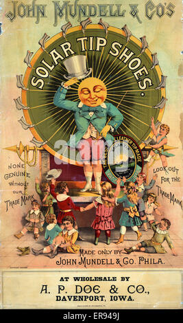 John Mundell &amp; Co's solar tip shoes Made only by John Mundell &amp; Co. Phila. Print shows man with beaming sun face tipping his hat to a group of children. Date c1889. John Mundell &amp; Co's solar tip shoes Made only by John Mundell &amp; Co. Phila. Stock Photo