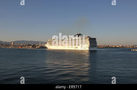 MSC Cruises Cruise ship “MSC FANTASIA” (333.3 mtrs ) - arriving at early evening in Port - Port of Palma de Mallorca / Majorca, Stock Photo
