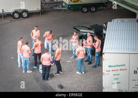 Group of men taking part in a stag night Stock Photo