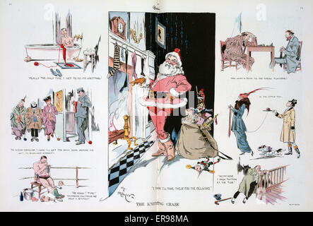 The knitting craze. Illustration shows a vignette cartoon that shows an effeminate Santa Claus standing in front of a fireplace where stockings are hanging, his bag of toys on the floor nearby; he considers taking the stockings for the Belgians. The surro