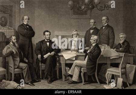 The first reading of the Emancipation Proclamation before the cabinet. Print shows Abraham Lincoln, seated next to table, with by members of his Cabinet, July 22, 1862. July 22nd 1862 Stock Photo