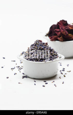 Dried lavender and rose petals on white background Stock Photo