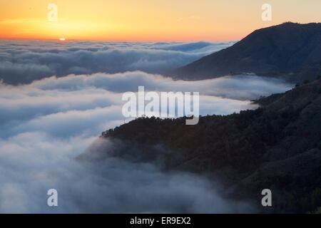 Coastal fog at sunset in Big Sur, California. Stock Photo