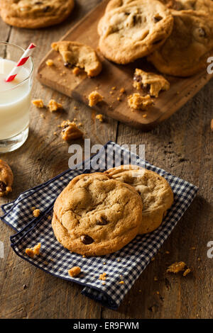 Homemade Chocolate Chip Cookies with Walnuts and Milk Stock Photo