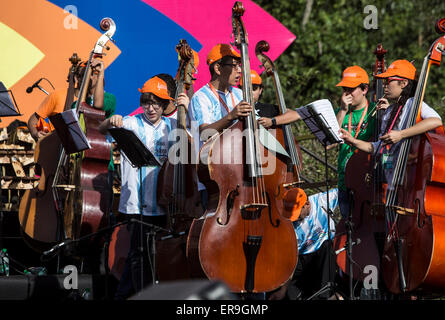 Puerto Iguazu, Argentina. 29th May, 2015. Youngsters take part in a general rehearsal, during the 6th edition of the Child-Youth Festival 'Iguazu in Concert', in the city of Puerto Iguazu, Argentina, on May 29, 2015. According to local press, over 800 youngsters will play pieces of the classical and folk repertoire of their countries, in a meeting of orchestras, choirs and a select group of soloists that perfect a festival immersed in the Misiones rainforest and the Iguazu Falls. © Martin Zabala/Xinhua/Alamy Live News Stock Photo