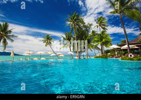Large infinity swimming pool on the beach with palm trees Stock Photo