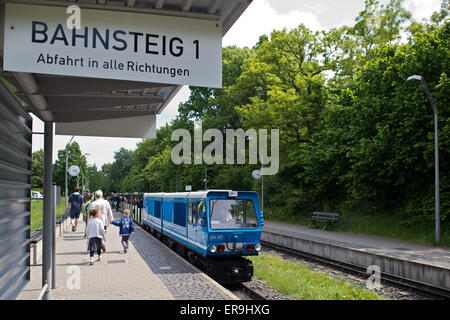 Dresden, Germany. 21st May, 2015. The EA02 engine of the Dresden Park Railway (Dresdner Parkeisenbahn) with train driver Hans-Joachim Gutte, arrives at the station in the Grosser Garten in Dresden, Germany, 21 May 2015. The park railway celebrates its 65th birthday on 1 June. Photo: Arno Burgi/dpa/Alamy Live News Stock Photo