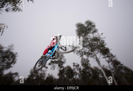 Mountain biker on a downhill course jumping through the air - motion blur Stock Photo