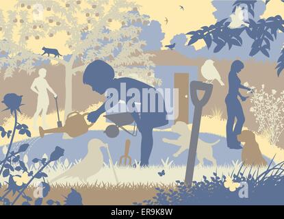 EPS8 editable vector cutout illustration of a family gardening with two puppies and wildlife Stock Vector