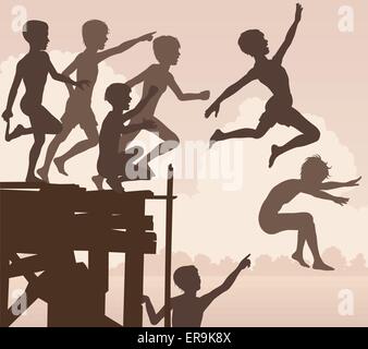 EPS8 editable vector cutout illustration of children jumping off a wooden jetty Stock Vector