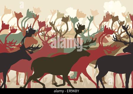 EPS8 editable vector illustration of a reindeer or caribou herd migrating Stock Vector