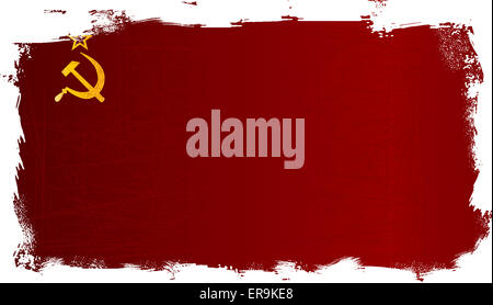 Hammer and Sickle set on a USSR Flag with grunge background faded with reds and black. Stock Photo