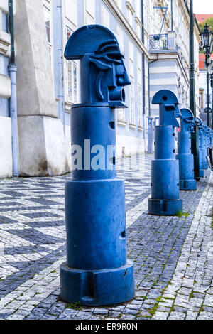 The light blue metal Cubist Bollards in Malostranske namesti (Little Quarter Square) in Prague Stock Photo