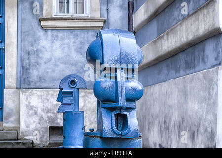 The light blue metal Cubist Bollards in Malostranske namesti (Little Quarter Square) in Prague Stock Photo