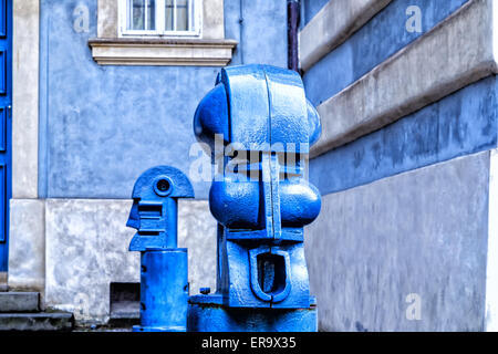 The light blue metal Cubist Bollards in Malostranske namesti (Little Quarter Square) in Prague Stock Photo