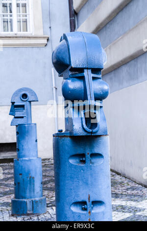 The light blue metal Cubist Bollards in Malostranske namesti (Little Quarter Square) in Prague Stock Photo