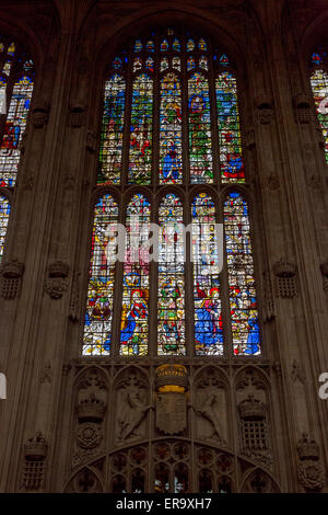 UK, England, Cambridge.  King's College Chapel, 16th. Century Stained Glass Window. Stock Photo