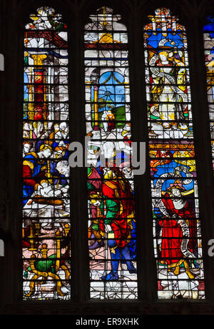 UK, England, Cambridge.  King's College Chapel, Stained Glass Window showing the Circumcision of Jesus. Stock Photo