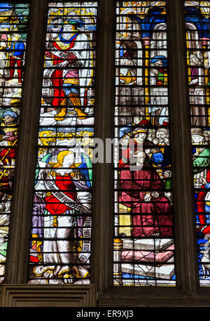 UK, England, Cambridge.  King's College Chapel, 16th.-century Stained Glass Window showing the Mocking of Christ. Stock Photo