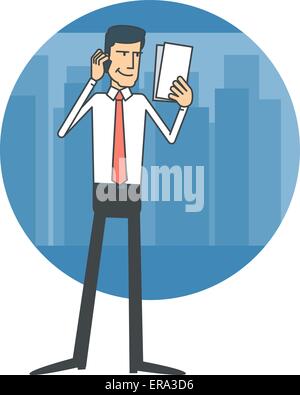 Businessman talking on the phone and reading documents. Stock Vector
