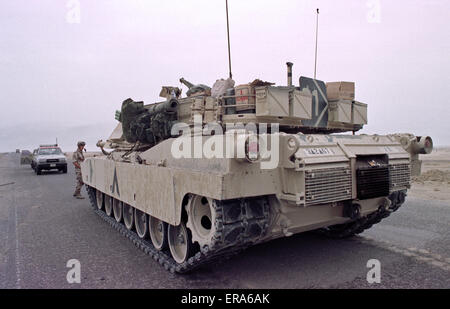 23rd March 1991 A U.S. Army M1A1 Abrams tank parked on the highway in northern Kuwait.