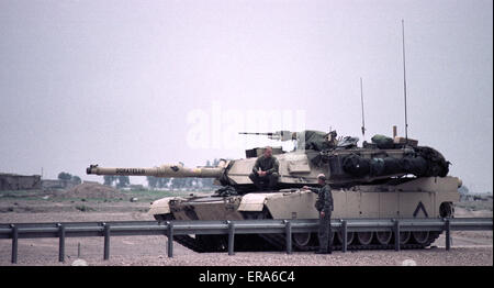 23rd March 1991 A U.S. Army M1A1 Abrams tank stands guard close to the ceasefire tent on the Basra Road, near Safwan in southern Iraq.