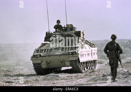 25th March 1991 A U.S. Army Bradley Fighting Vehicle of the 3rd Battalion, 5th Cavalry, The Black Knights, in northern Kuwait.