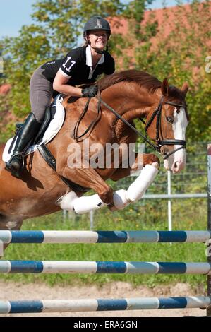 woman rides Hessian Warmblood Stock Photo