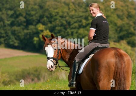 woman rides Hessian Warmblood Stock Photo