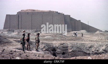 2nd April 1991 Coalition soldiers explore the ruins of Ur in southern Iraq. In the background is the Great Ziggurat.