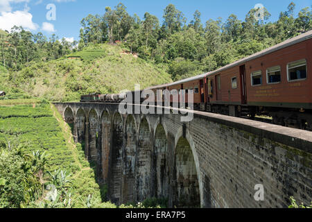 Train on Nine Arches Bridge near Ella, Hill Country of Sri Lanka Stock Photo