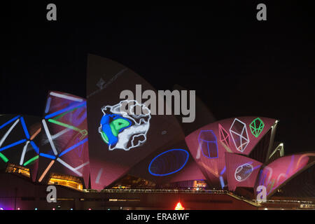 Vivid Sydney 2015 music, lights and ideas festival runs from 22nd may 2015 to 8 June, pictured immersive light projects onto the sails of the Sydney Opera House on Sydney Harbour,NSW,Australia Stock Photo