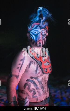 Mayan dancer wearing face and body paint in the Yucatan peninsula,  Mexico Stock Photo
