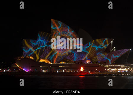 Vivid Sydney 2015 music, lights and ideas festival runs from 22nd may 2015 to 8 June, pictured immersive light projects onto the sails of the Sydney Opera House on Sydney Harbour,NSW,Australia Stock Photo