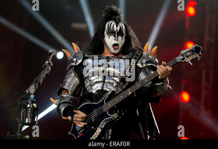 Munich, Germany. 30th May, 2015. Singer and guitarist Gene Simmons of US rock band Kiss performs on stage during the Rockavaria Music Festival in Munich, Germany, 30 May 2015. Photo: Sven Hoppe/dpa/Alamy Live News Stock Photo