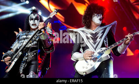 Munich, Germany. 30th May, 2015. Singer and guitarist Gene Simmons and bass guitarist Paul Stanley of US rock band Kiss perform on stage during the Rockavaria Music Festival in Munich, Germany, 30 May 2015. Photo: Sven Hoppe/dpa/Alamy Live News Stock Photo