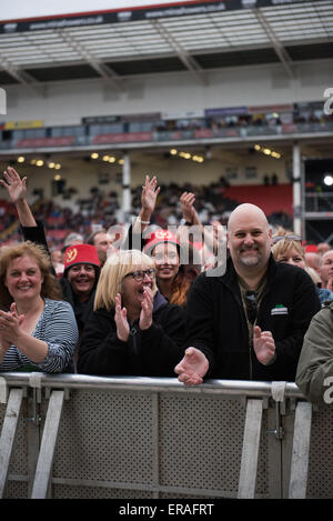 Gloucester, UK. 30th May 2015. Madness play live at Kingsholm Stadium, Gloucester, UK as part of their Grandslam Tour - The crowd enjoying themselves. Credit:  Daniel Fisher/Alamy Live News Stock Photo