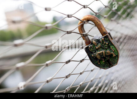 Message of Love on a Padlock locked to a Bridge fence in Vienna, Austria. Stock Photo
